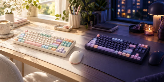 Catppuccin Light and Dark keycap sets compared on two desk setups