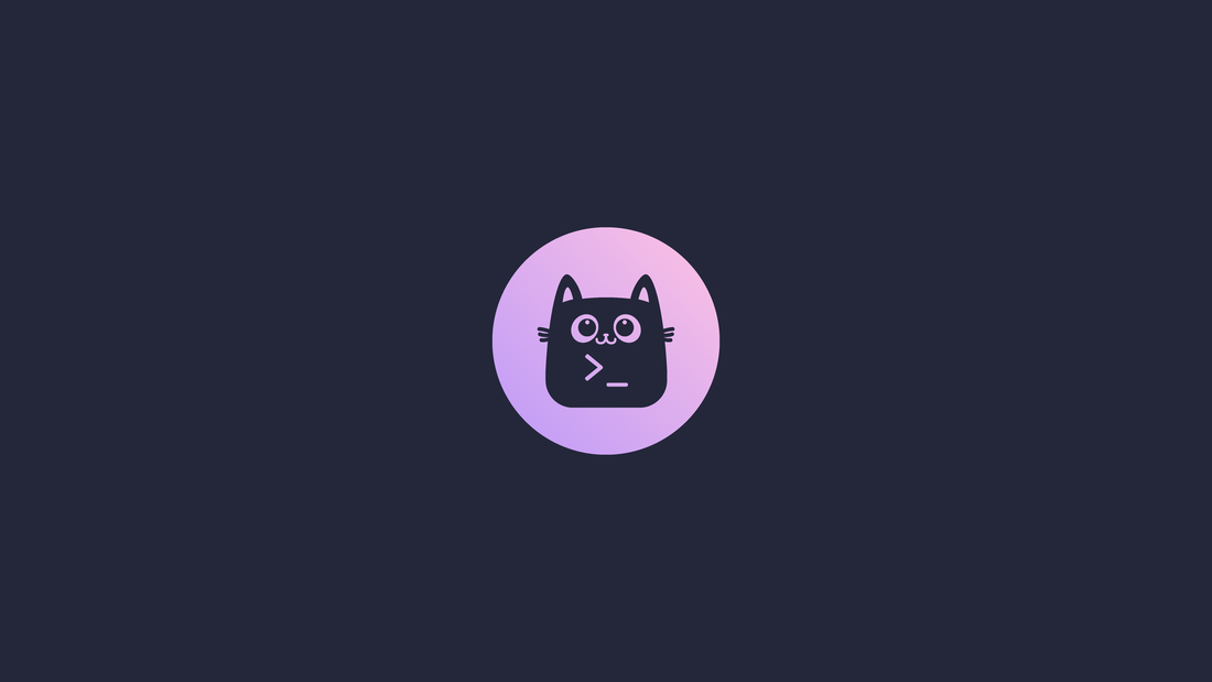 Flatppuccin Macchiato wallpaper with a pastel cat emblem on a dark background